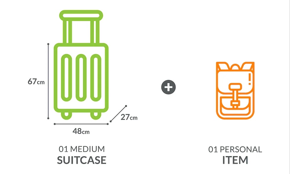 Bagaj boyutlarının diyagramı, valiz ve kişisel eşya miktarı için hazırlanır. Valiz 48 x 27 cm boyutlarında ve kişisel eşyası, ölçüleri belirtilmemiş küçük bir sırt çantası.